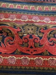 VTG Art Nouveau Design Hands Lion Head Red Brown Plum on Navy Border Fabric 4.8Y