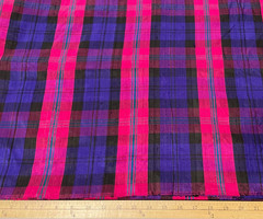 VIBRANT PLAID FABRIC 100% SILK DUPION SLUB TEXTURE MAGENTA VIOLET BLUE BLACK BTY