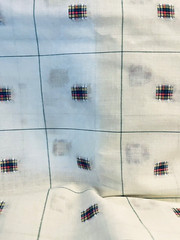 VTG Woven Red Green Yellow Plaid Squares on White Semi Sheer BTHY 60″ X 18″