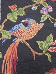 Bird Floral Tapestry Fabric Black Woven Tropical Birds Blue Rust 55″W x 3.6 Y