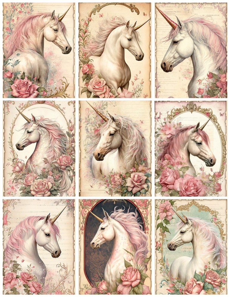 Handmade Set of 9 Unicorns & Cottage Roses Collage Images Cotton FABRIC Panel