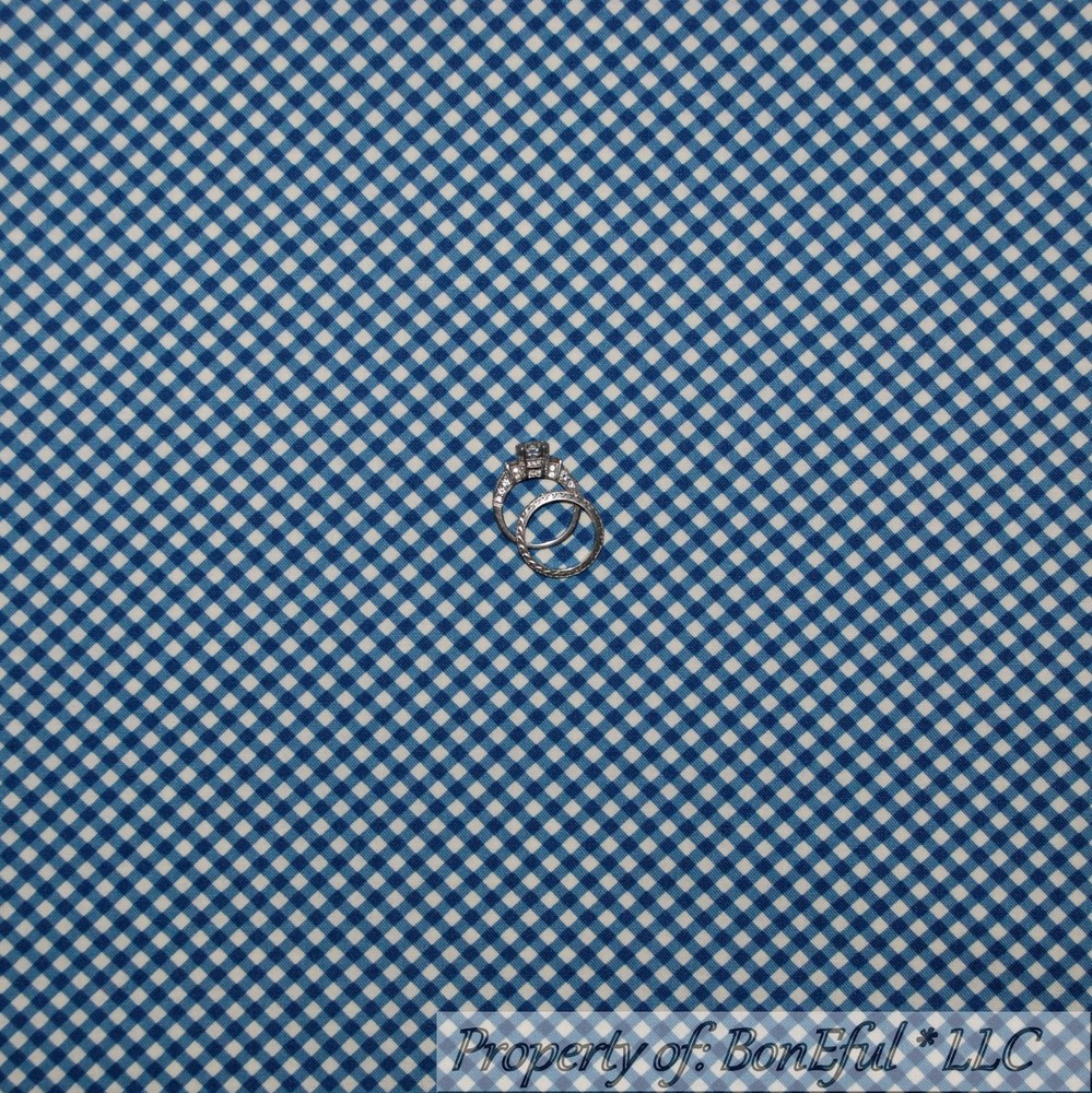 BonEful FABRIC FQ Cotton Quilt Navy Blue White Gingham Check Bias Stripe Country