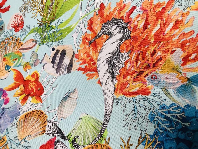 Aqua Sea World Coral Fabric Curtain Cotton Material Marine Seahorse Shell -140cm