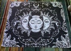 Sun/Moon Black & White Bohemian Fabric Panel, Finished Edges, Never Used