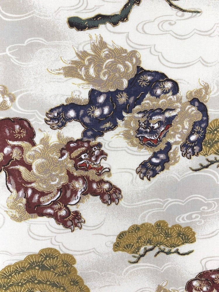 Japanese foo dog fabric, metallic lion fu dog, ivory gold, oriental chinese