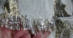 vintage 2-1/2 yd METALLIC & Cotton (?) FABRIC Gold & Silver on Cream 43″w. washd
