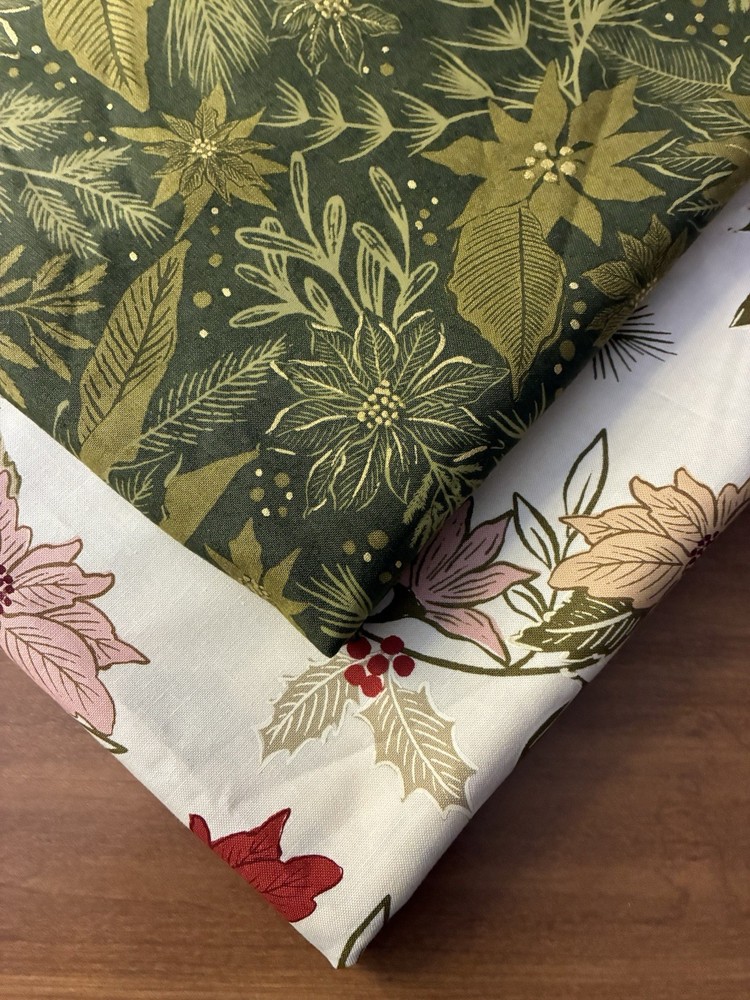 2 Yards MODA Old World Yuletide Christmas Pointsetta On White Greenery Cotton