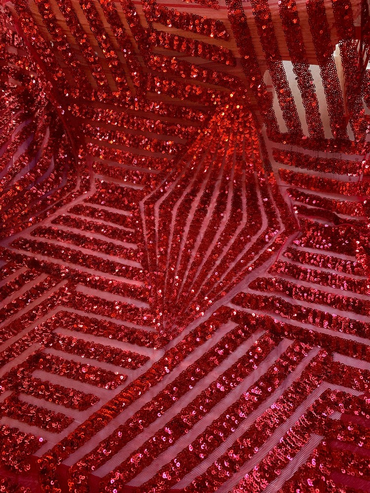 Thea RED Geometric Sequins Diamond & Stripes on Mesh Lace Fabric by the Yard