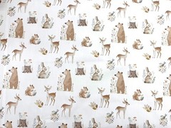 Beige Brown Woodland Animal Cotton Fabric 60” Wide Deer Bear Rabbit DIY