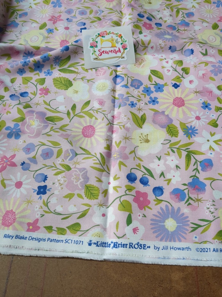 Riley Blake Little Brier Rose Sleeping Beauty Fabric Metallic Floral 1 + 2 Yards