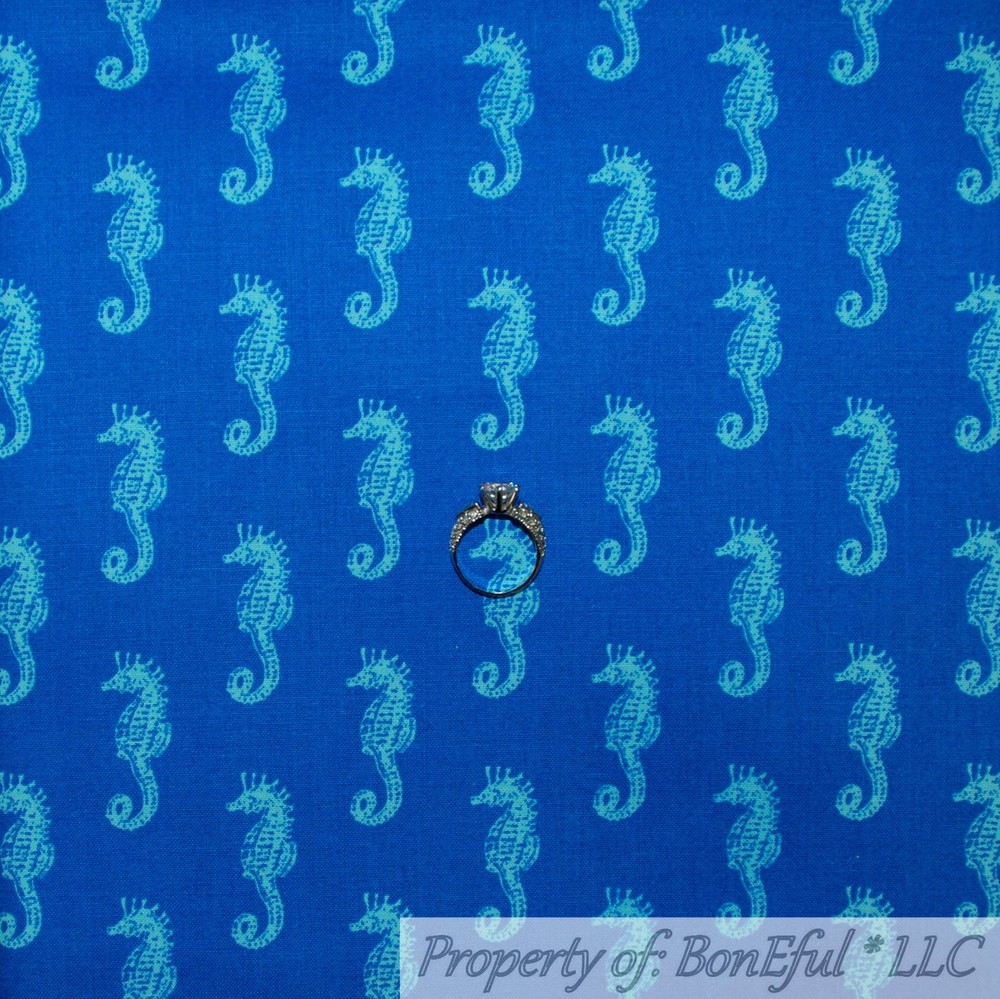 BonEful FABRIC FQ Cotton Quilt Blue Aqua Water Sea Horse World Turtle Beach Fish