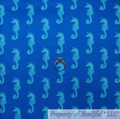 BonEful FABRIC FQ Cotton Quilt Blue Aqua Water Sea Horse World Turtle Beach Fish