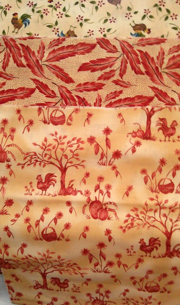 Fabric Red Rooster “Feathers & Leaves” 3 Pieces Feather/Rooster Leaves/Tree $2