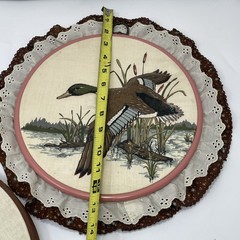 Vtg Set of 3 Hoop Fabric Wall Art Mallard Duck Decor Ruffled Lace Round Cabin