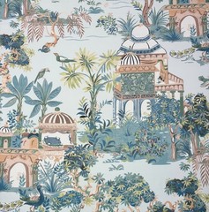 THIBAUT MYSTIC GARDEN SPA BLUE PEACOCK TEMPLE TOILE MULTIUSE FABRIC BY YARD 54″W