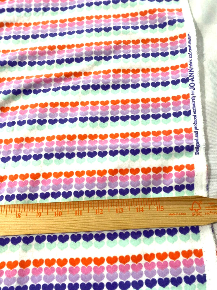 Cotton flannel fabric /rows of colorful hearts Jo Ann Fabrics 1 yd 18″ x 42″