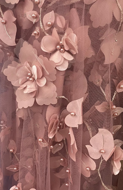 Mauve 3d floral embroider pearls mesh lace scalloped Fabric By yard 54″ wide