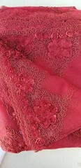 Dark Red Mesh Scalloped Lace French design embroidery Fabric W/ Mini 3D Flowers