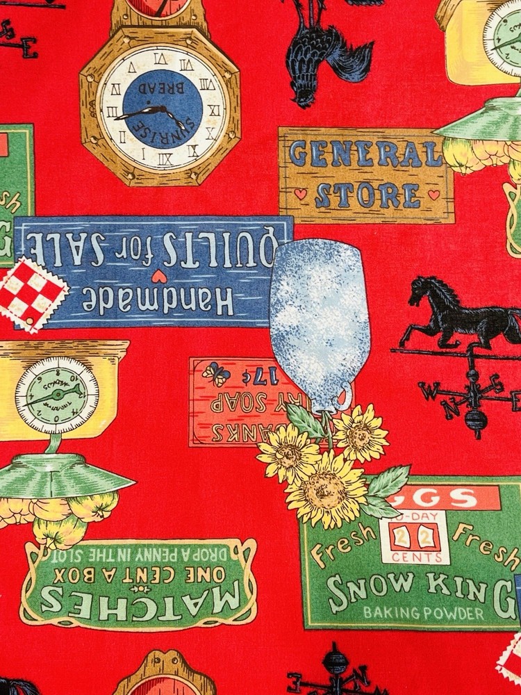 Vintage 1994 Cotton Fabric Red General Store Icon Weathervane Signs Farm Country