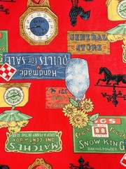 Vintage 1994 Cotton Fabric Red General Store Icon Weathervane Signs Farm Country