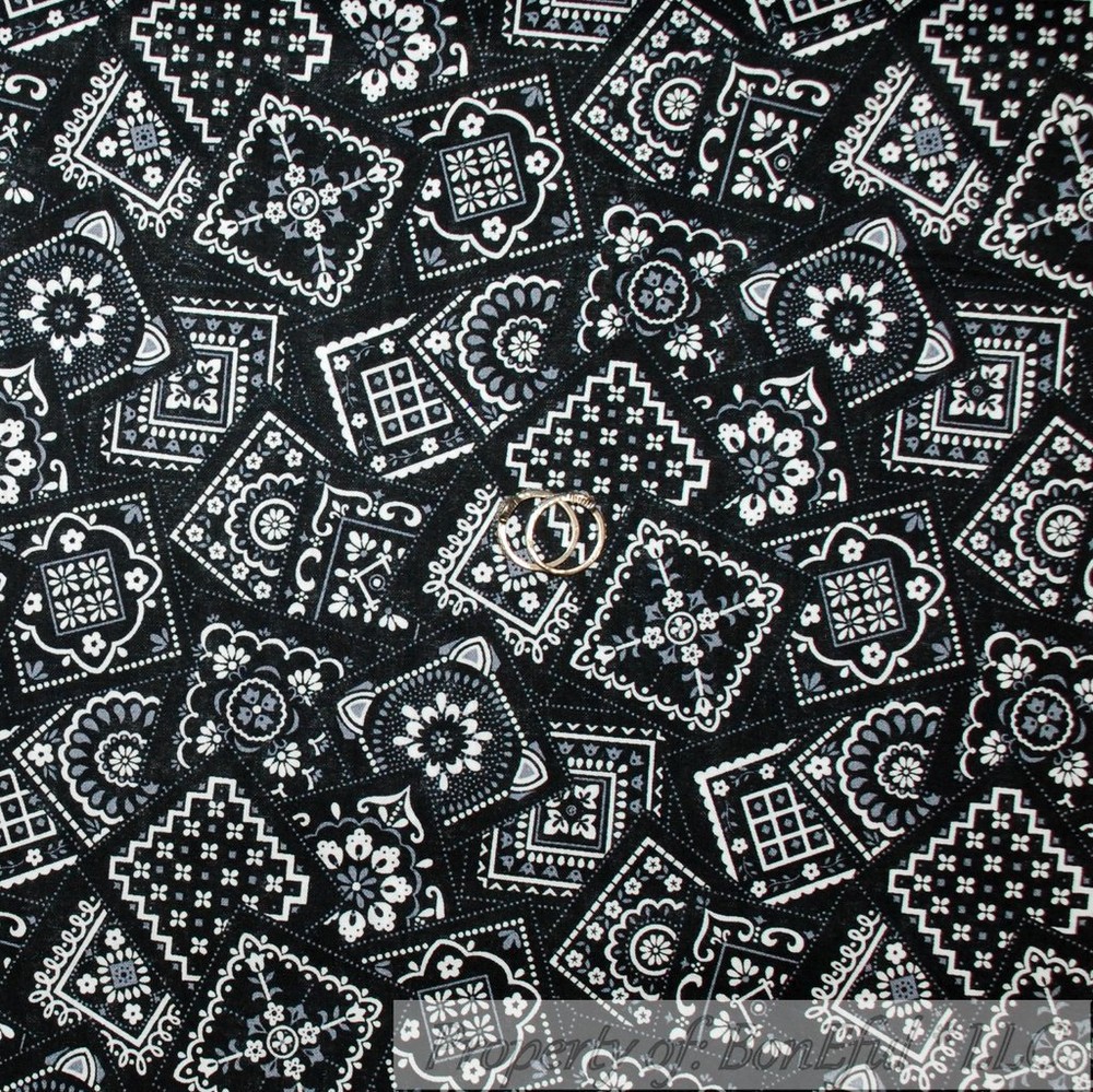 BonEful FABRIC FQ Cotton Quilt Black White B&W Gray Bandana Cowgirl Block Square