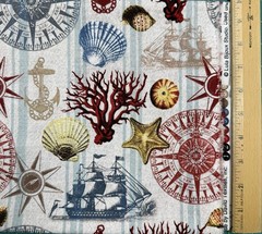 Bundle of 1 yd Fabric Cut David Textiles Coastal Breeze Ocean Map Beach Fabric