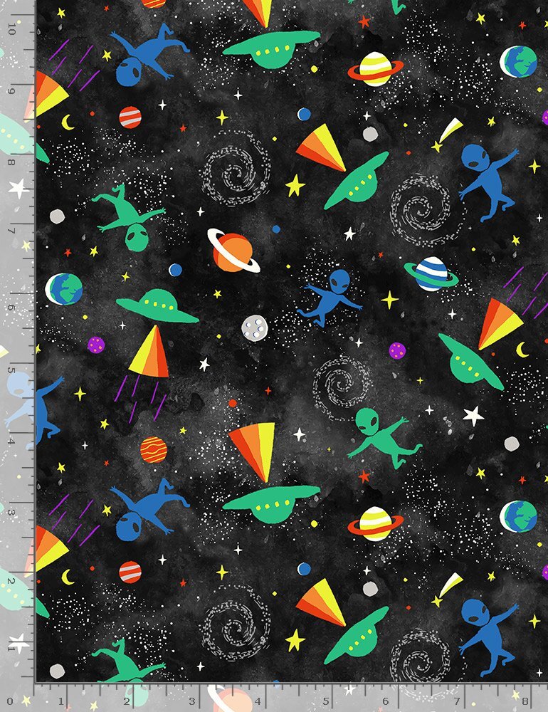 Space Fabric | Alien Spaceship Planet Toss Black | Timeless Treasures YARD