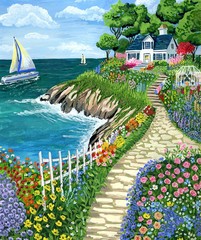Cottage by the Sea, Cottage Dreams Abby Jacobs, Fabric Panel 36 x 44″
