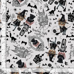 Halloween Fabric | Costume Cat Haunted House Toss Gray | Timeless Treasures YARD