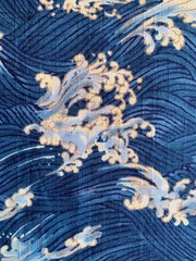 Japanese Hokusai style waves fabric, blue Oriental sea cotton, Kanagawa
