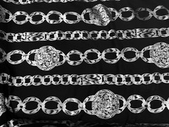 Black Silver Metallic Buckle Chain ￼Printed Fabric 45” Width Sold By The Yard