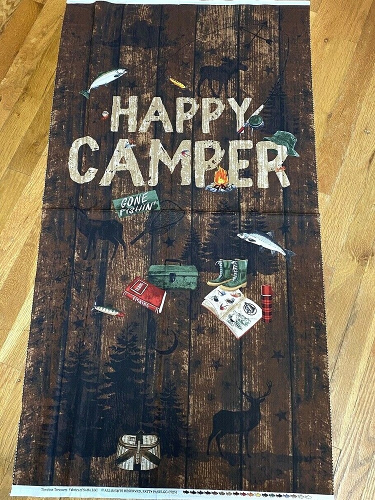 Happy Camper Fishing / Hunting / Cabin cotton Fabric Panel sewing craft 23 x 44″