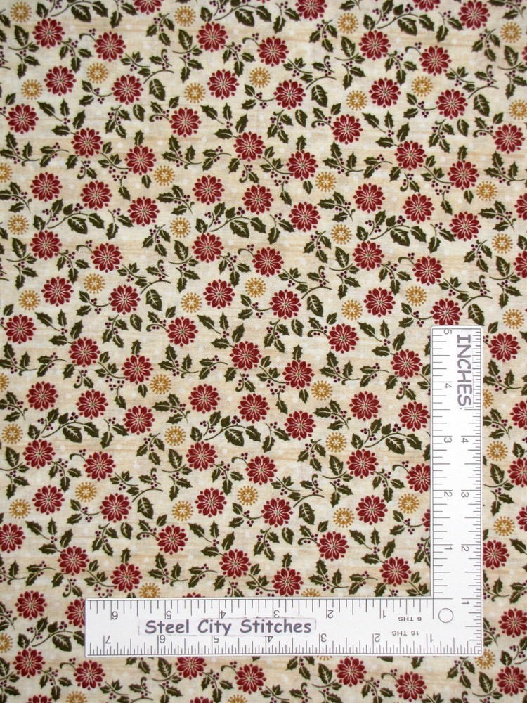 Christmas Poinsettia Flower Beige Rustic Village Cotton Fabric Benartex By Yard