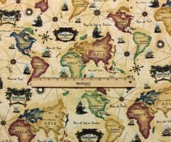 ITALIAN WORLD MAP SET SAIL BEIGE SHIPS COMPASS NOVELTY FABRIC 1.8 YARDS 54″W