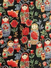 MATRYOSHKA DOLLS fabric Alexander Henry Vintage OOP Black Red Nesting 39×43 RARE