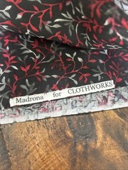 Madrona For ClothWorks Black With Red Gray Foliage Fabric 1yd 42”