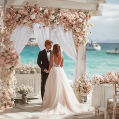 Wedding Arch Draping Fabric, White Sheer Backdrop with Floral Decor, Indoor C…