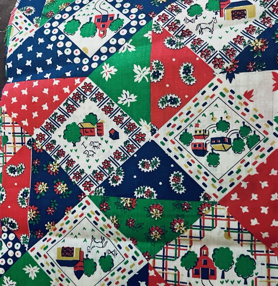 VTG CHEATER QUILT Novelty Ditsy Patchwork with Houses & Farms 26″x9″ Remnant