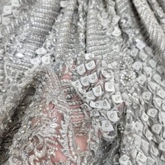 Silver Beads Lace Fabric By The Yard Embroidery 3d Chiffon Leaves Sequins Lace