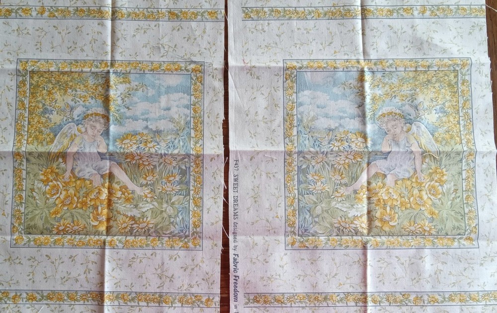 Set of 2 Yellow Fabric Freedom”Sweet Dreams” Angel Cotton Fabric Blocks 6.75″ Sq