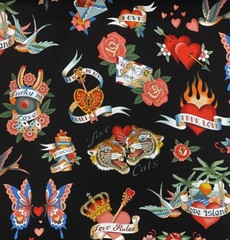 Alexander Henry Tattoo Love Rose Tiger Black VINYL LAMINATE Food Safe Upholster