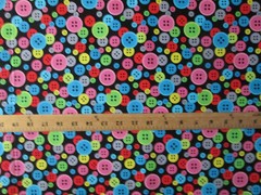 BUTTONS SEWING BRIGHT COLORS BLACK COTTON FABRIC FQ