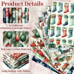 10 Pcs Watercolor Christmas Quilting Fabric Bundles 20 x 20 Inch | Santa Ging…