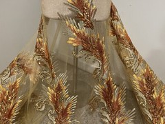 Gold orange Embroidered sequins Lace fabric 50” Width 1 Yard