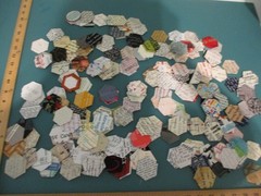 Quilt Block Fabric Basted 1″ Hexagons Lot of 211 All Print Words for EPP Crafts