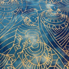 Cotton Quilting Fabric Tribal Print Batik Blue Goddess Gold Outline 3.3 Yd