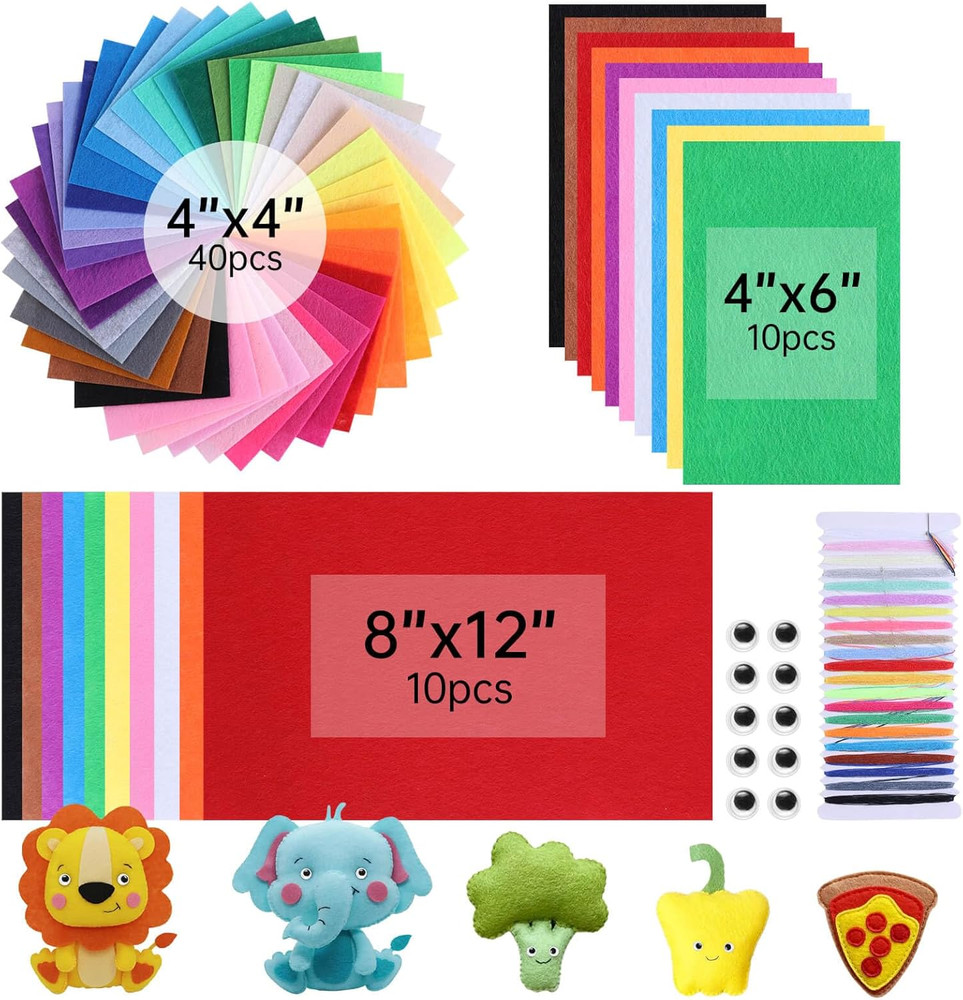 60PCS Felt Fabric Sheets Craft Kit – 4″x 4″ + 4″x 6″+ 8″x 12″ Assorted Colors –
