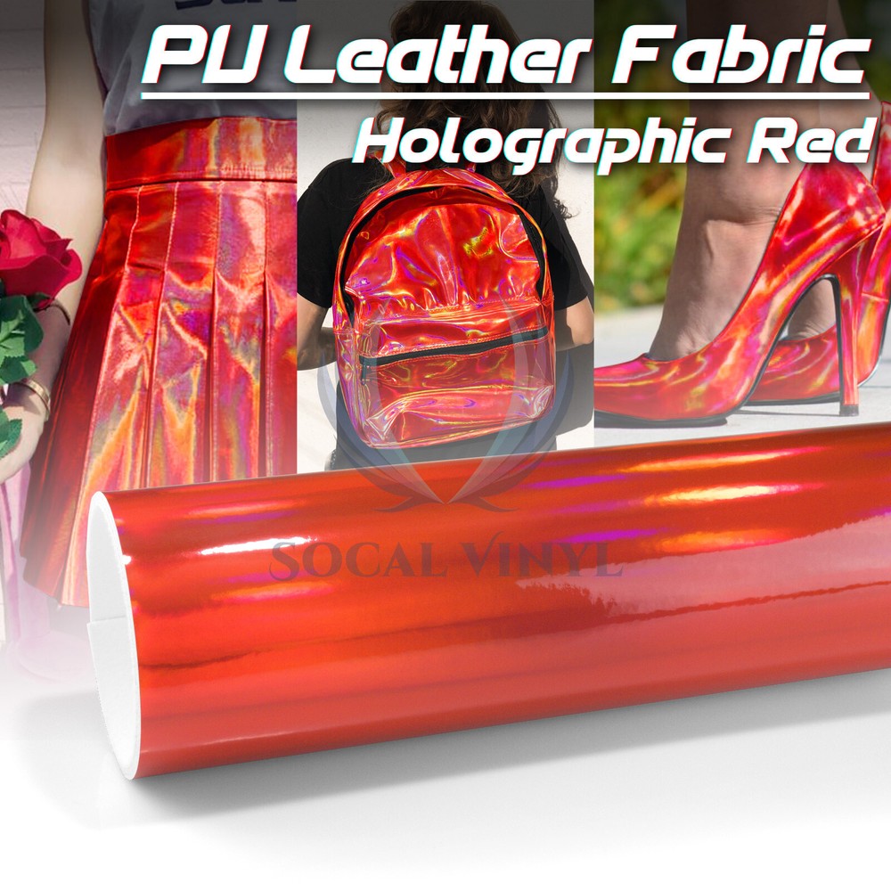 Fabric Holographic Red Cloth Vinyl Weave PU Faux Leather Iridescent Craft DIY