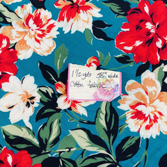 Cranston Cotton Fabric Remnant 1.5 Yards x 58″ Wide Red Orange Floral On Teal