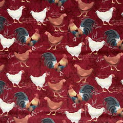 Novelty Prints Roosters on Red Cotton Fabric – 1.75 yds x 44″